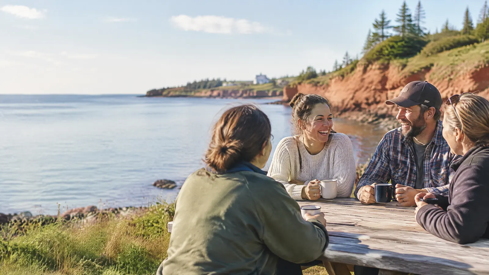 Coworkers from a small Island family business share coffee and laugh at a picnic table beside red cliffs and a calm blue bay on a sunny morning.