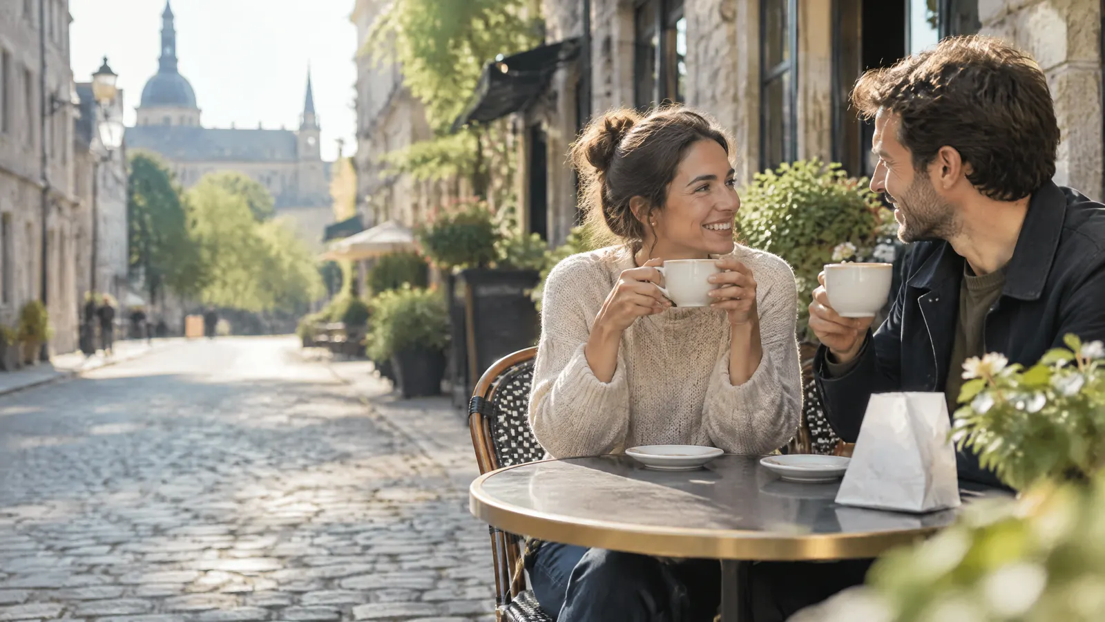 A couple in their thirties shares coffee at a sunny café terrace on a cobblestone street in an old city neighbourhood, a small pharmacy bag resting beside their cups.