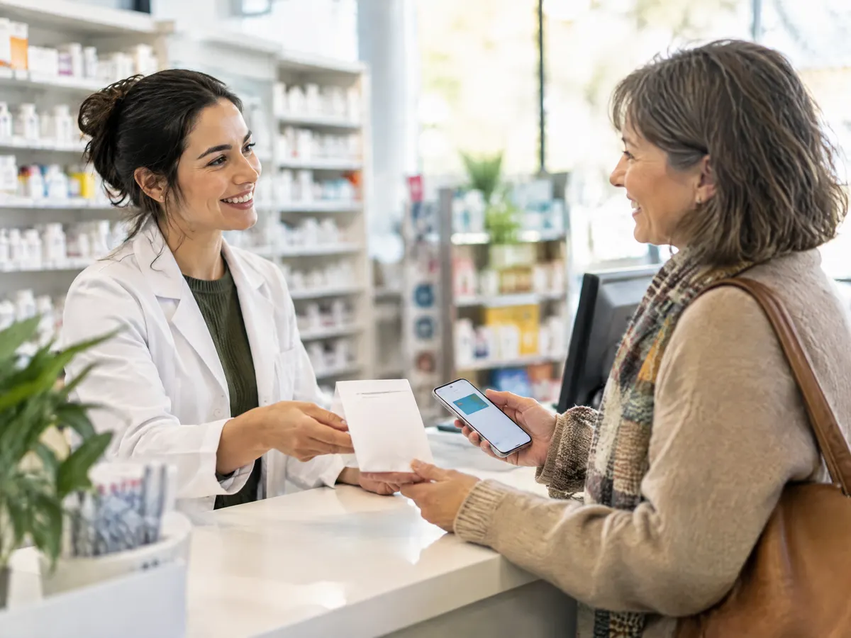 A pharmacist hands a prescription to a smiling middle-aged woman across a bright pharmacy counter while she holds her phone with a digital benefits card.