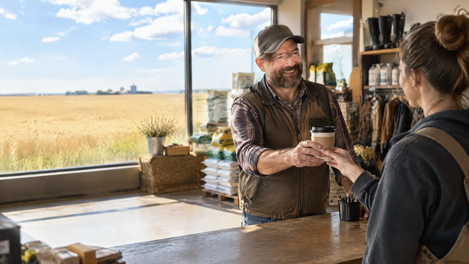 A smiling farm-supply store owner hands a new employee a coffee in a bright prairie shop with wide windows showing golden wheat fields under a big blue sky.