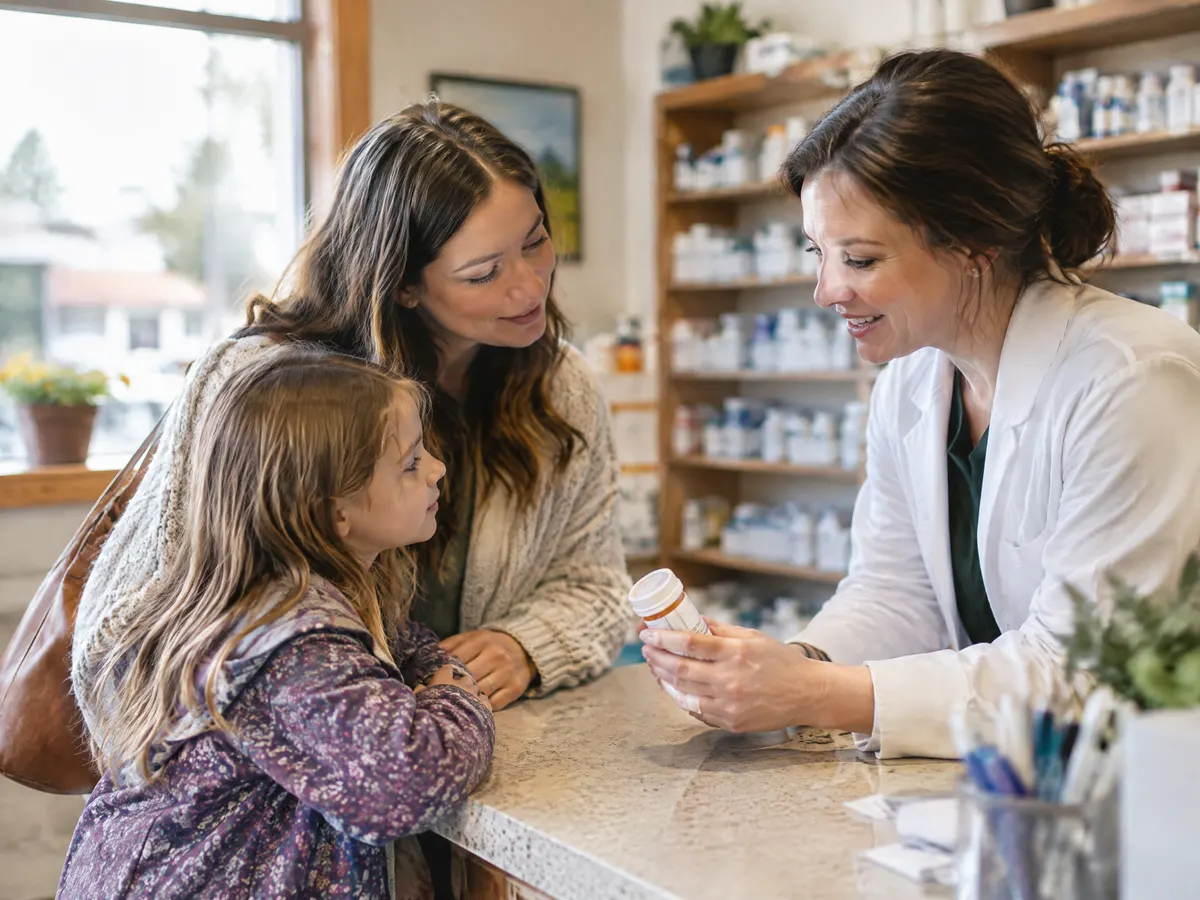 A young mother and her daughter pick up a prescription at a friendly small-town pharmacy counter while the pharmacist explains the label.