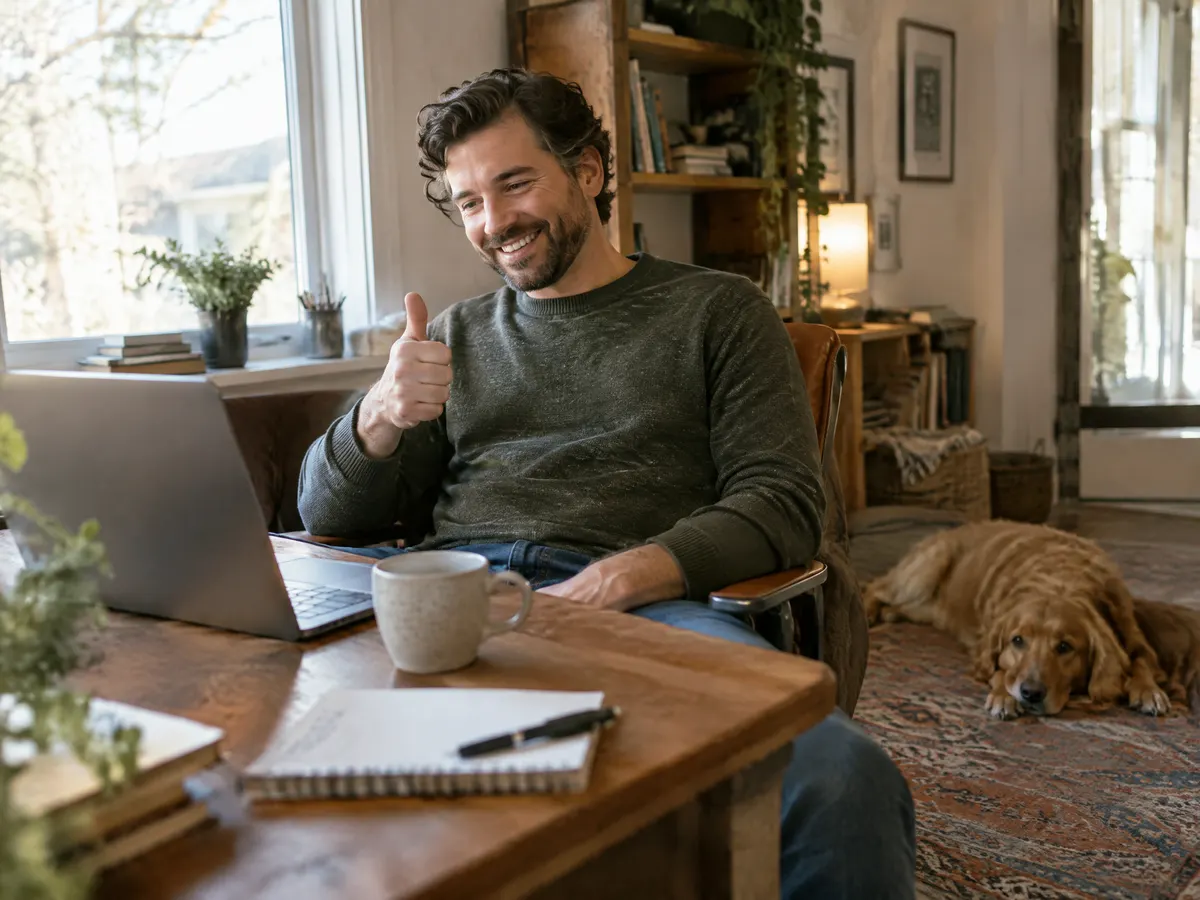 A man in a cozy home office giving a thumbs up after a quick video call, dog resting at his feet.