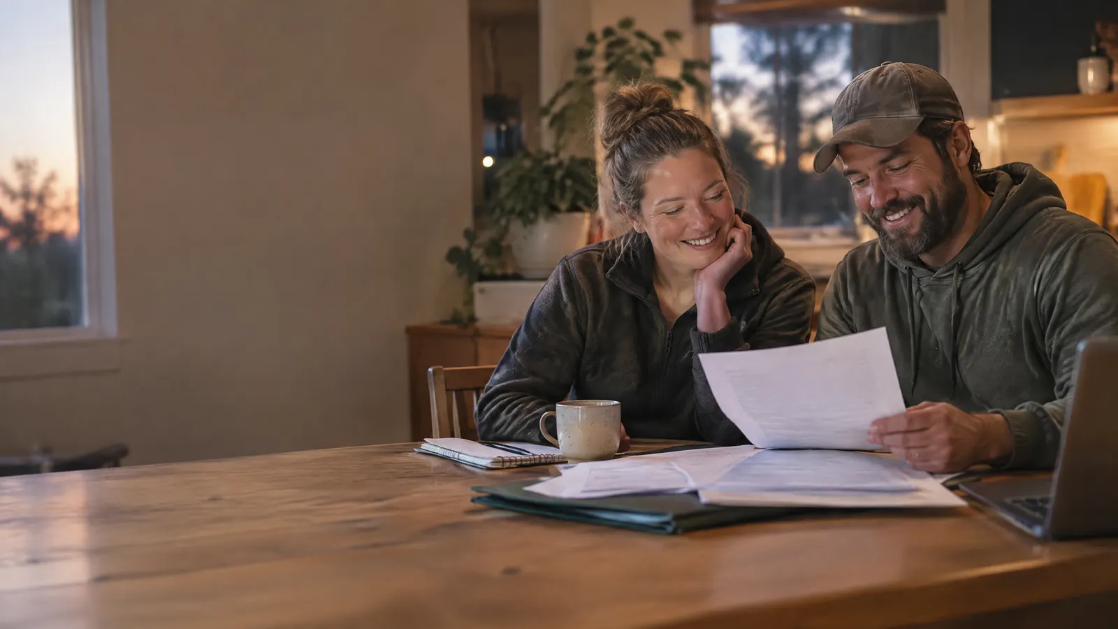 A couple who own a landscaping business reviewing paperwork at their kitchen table with relief and smiles, evening light.