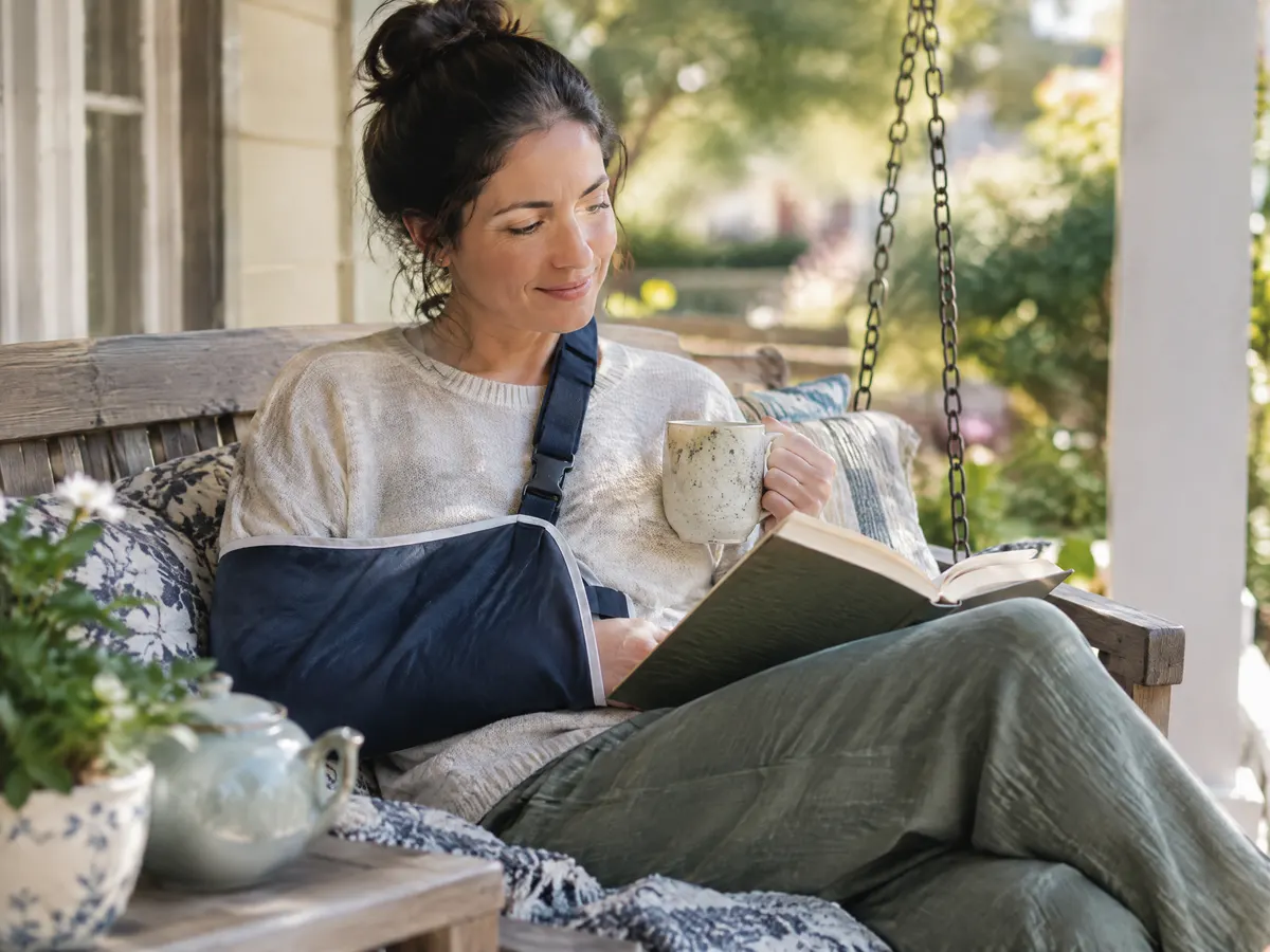 A woman with her arm in a sling relaxing on a porch swing with a book and tea.