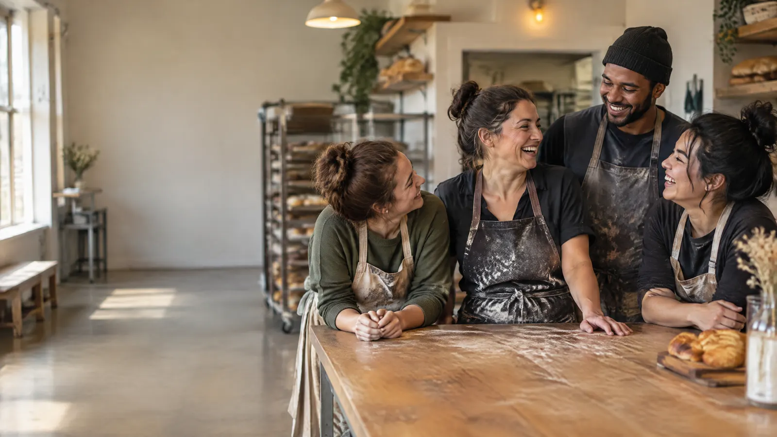 The owner of a small bakery and her three employees sharing a laugh at the counter after closing, flour on aprons, relaxed and close-knit.