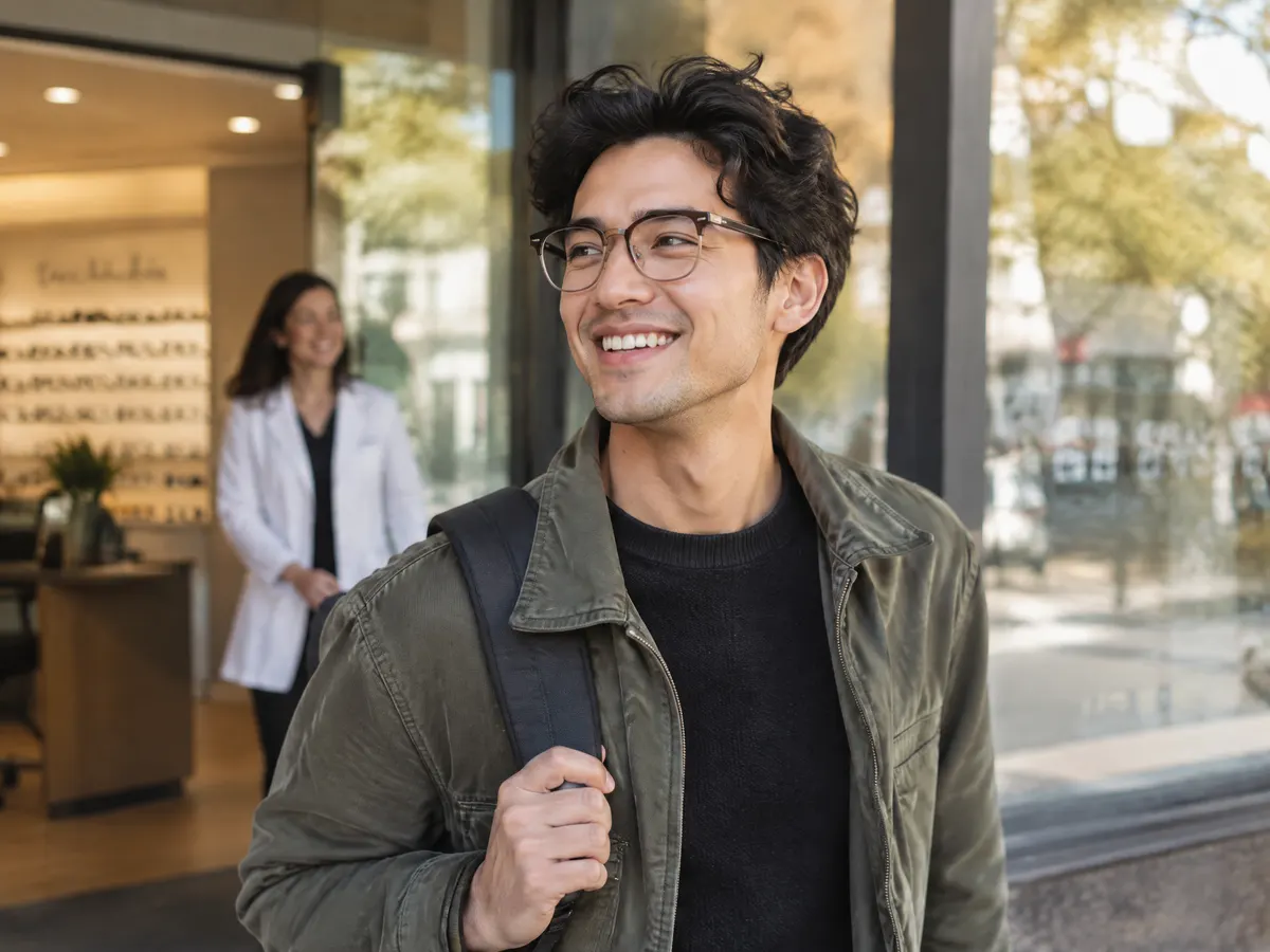 A young developer leaving an optometrist with new glasses, smiling.