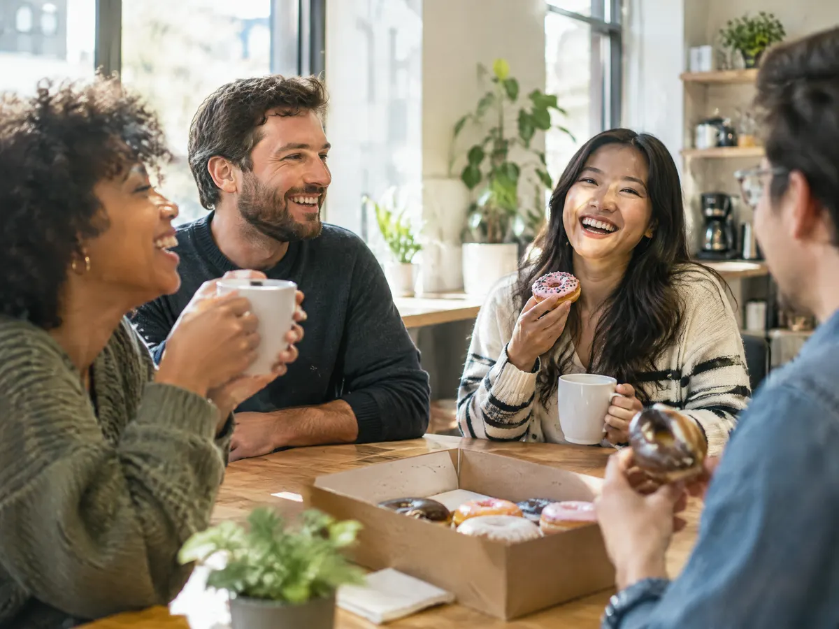 A small team celebrating with coffee and donuts in a bright break room, casual and joyful.