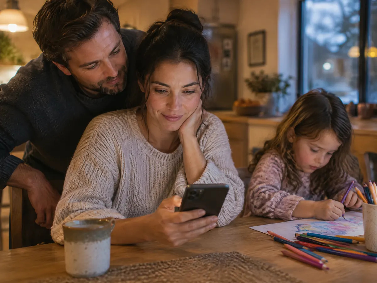 A woman at her kitchen table in the evening scrolls through an email on her phone while her partner looks over her shoulder and their child colours nearby.