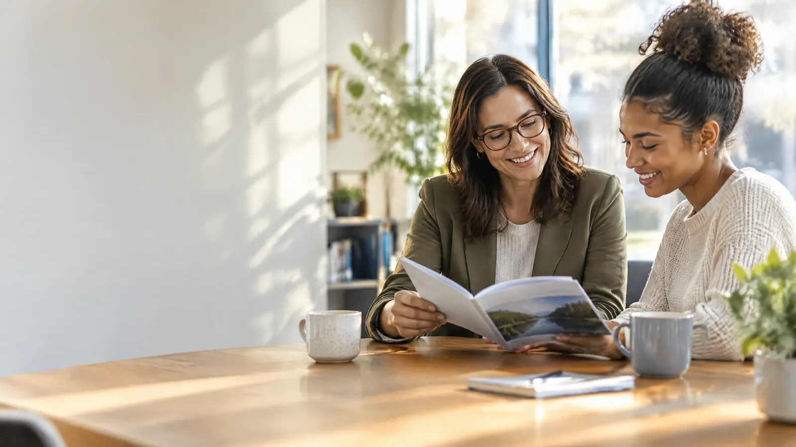 An HR manager and a new employee sit together at a sunny office table, smiling as they flip through a printed benefits booklet over coffee.