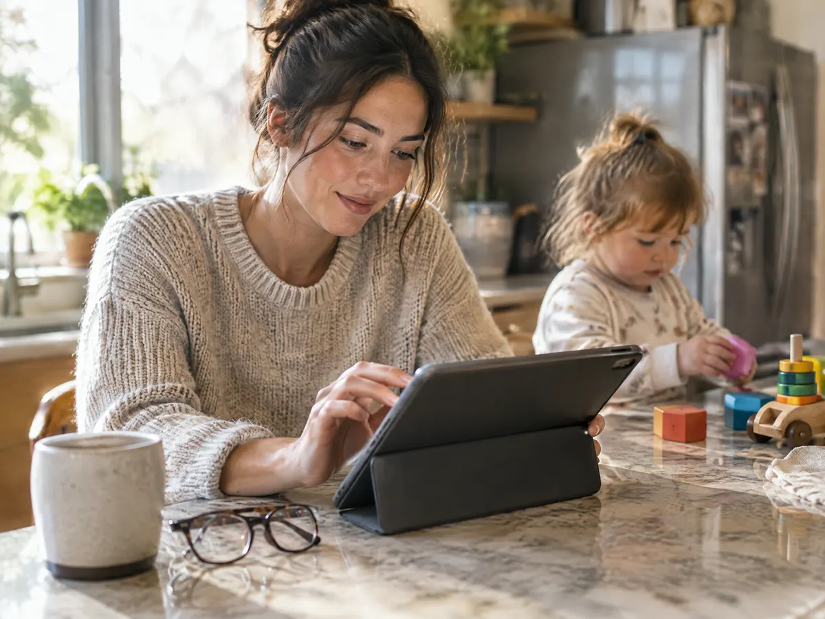 A young parent at a kitchen counter scrolls through a benefits summary on a tablet while a toddler plays nearby and a pair of new glasses rests beside a mug.