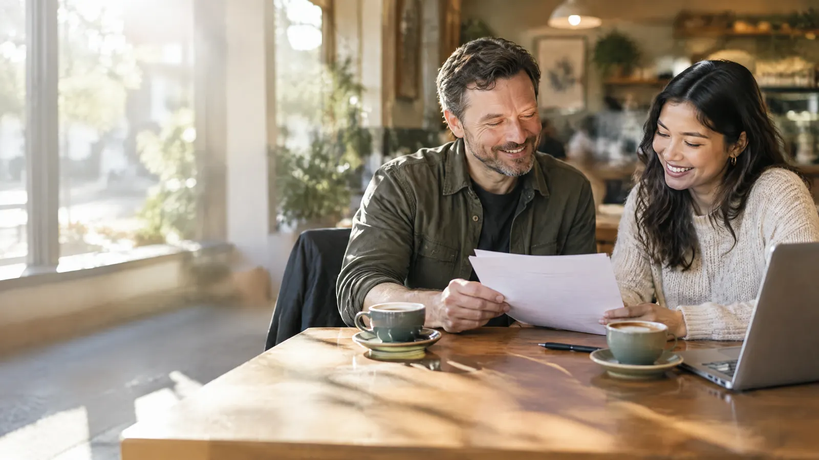 A small business owner and a smiling new hire sit at a sunlit café table reviewing a printed offer letter together over coffee, with a laptop and a pen nearby.