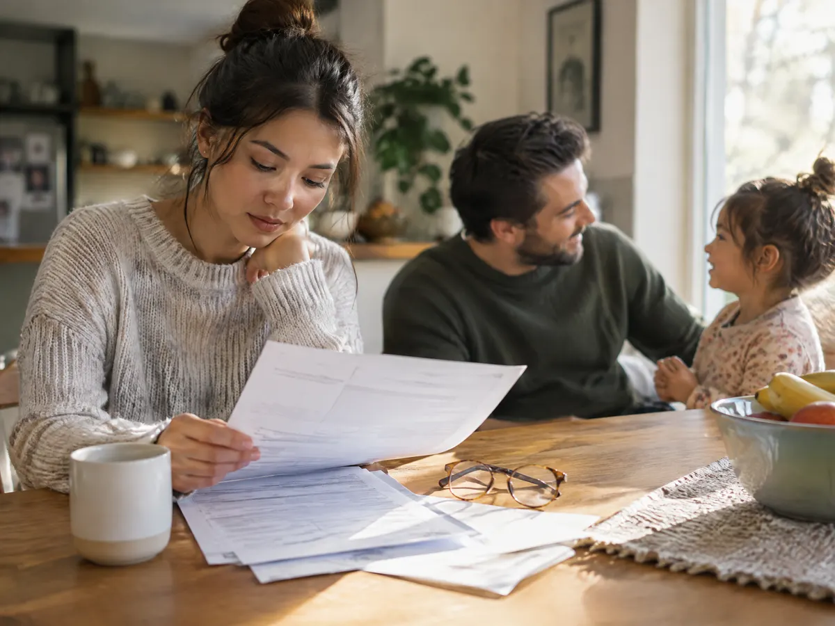 A young employee at a kitchen table reads benefits paperwork while her partner chats with their child, a pair of new eyeglasses resting beside the papers.