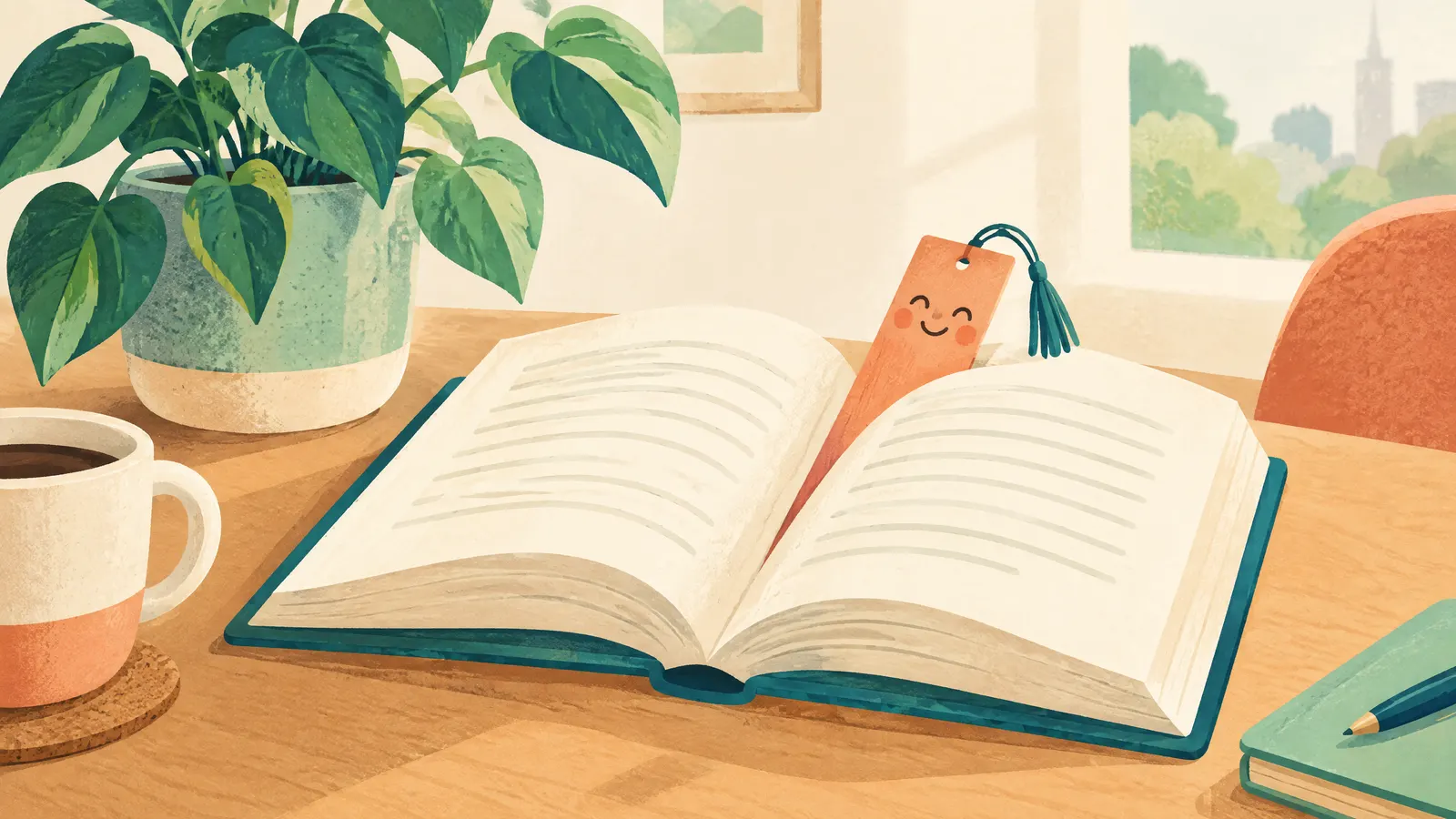 Illustration: an open book with a friendly bookmark on a desk with a plant.
