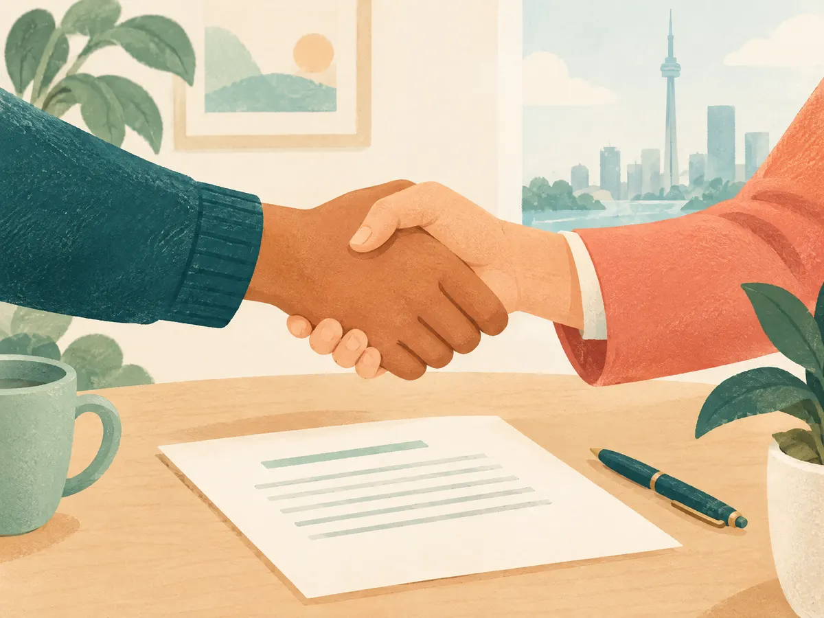 Illustration: two hands shaking over a simple document.