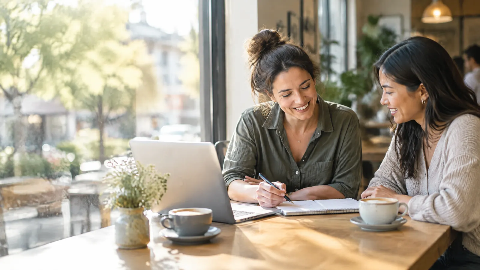 A small business owner and her office manager sit at a sunny café table with a laptop and notebook, smiling as they sketch out a plan together over coffee.