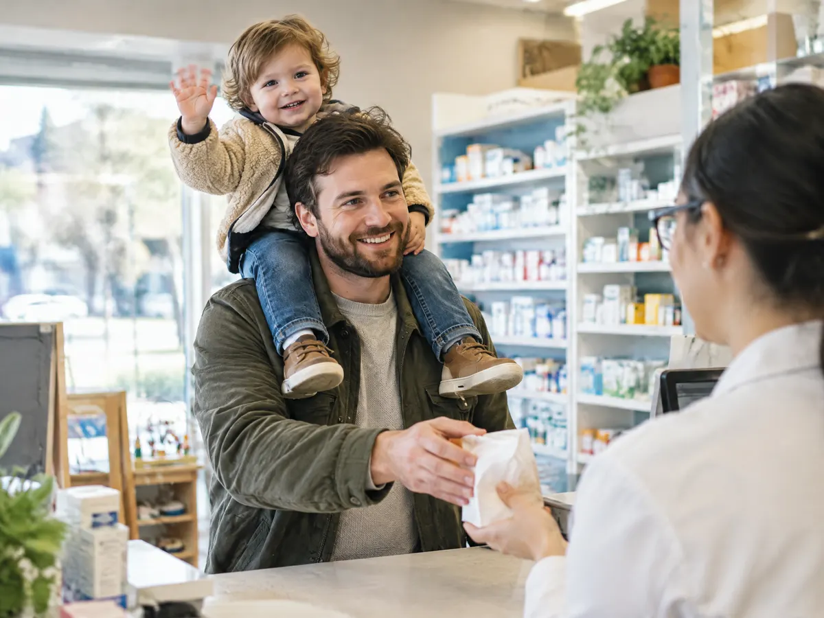 A young father picks up a prescription at a bright neighbourhood pharmacy counter while his toddler waves from his shoulders.