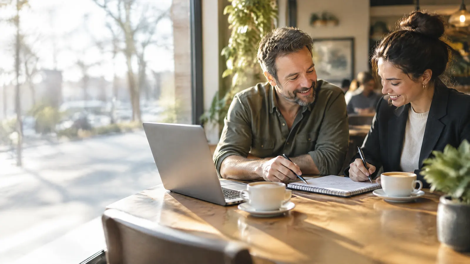 A small business owner and an HR manager sit at a sunny café table with a laptop and coffee, smiling as they sketch out plans on a notepad.