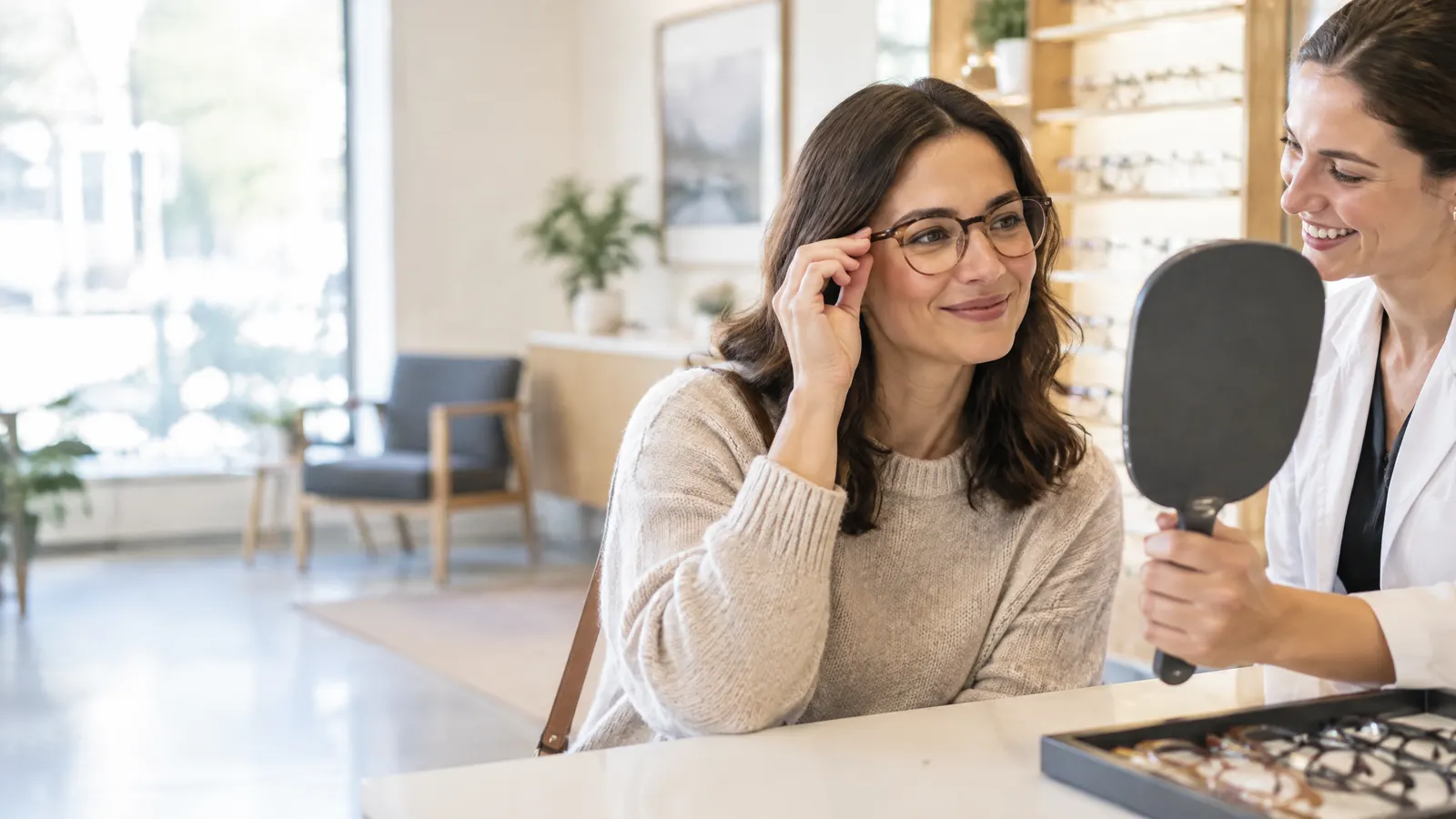 A woman in her thirties tries on new eyeglass frames at a bright optical shop counter while a smiling optician holds up a hand mirror.