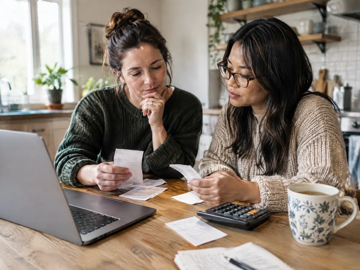 A small business owner and her bookkeeper sit at a kitchen table with a laptop, a calculator and a mug of tea, reviewing receipts from the dentist and pharmacy.
