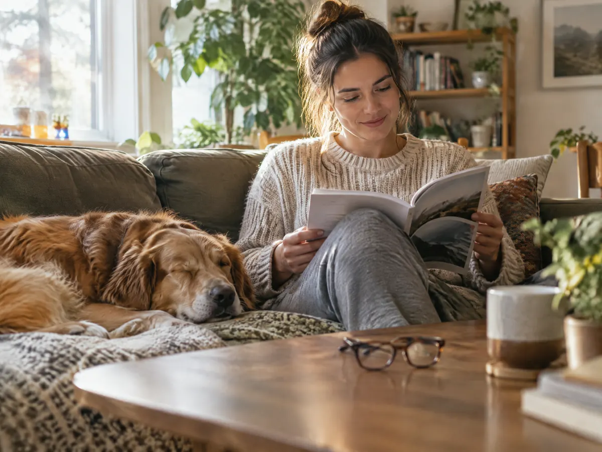 An employee at home reads a printed benefits booklet on the couch while a dog naps beside her and a pair of new glasses rests on the coffee table.