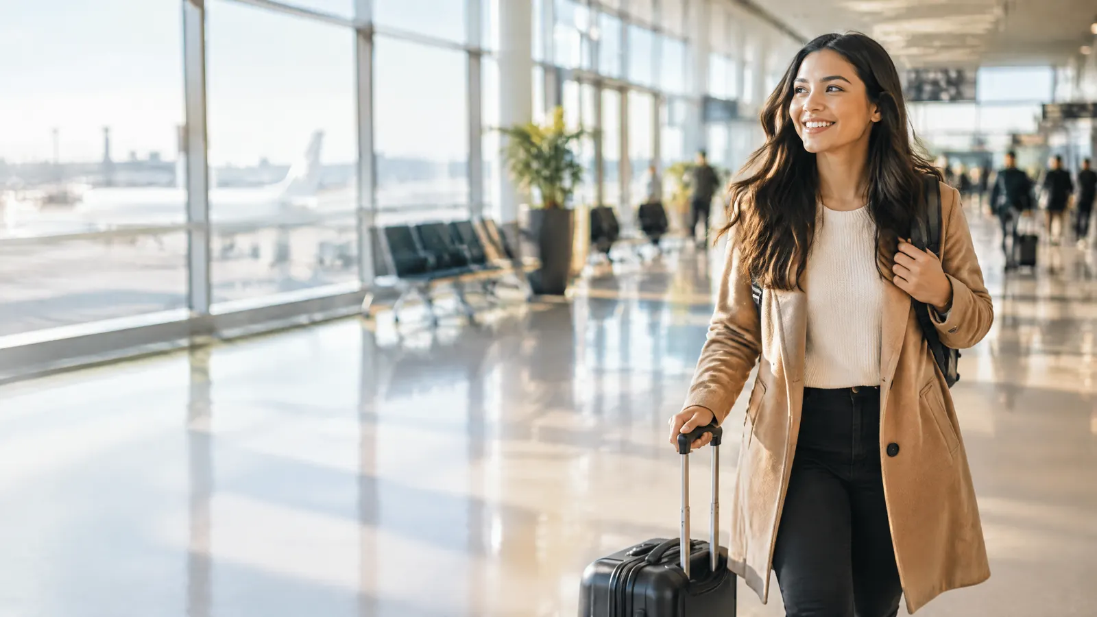 An employee with a carry-on rolling through a bright airport terminal, smiling, heading out on a trip.