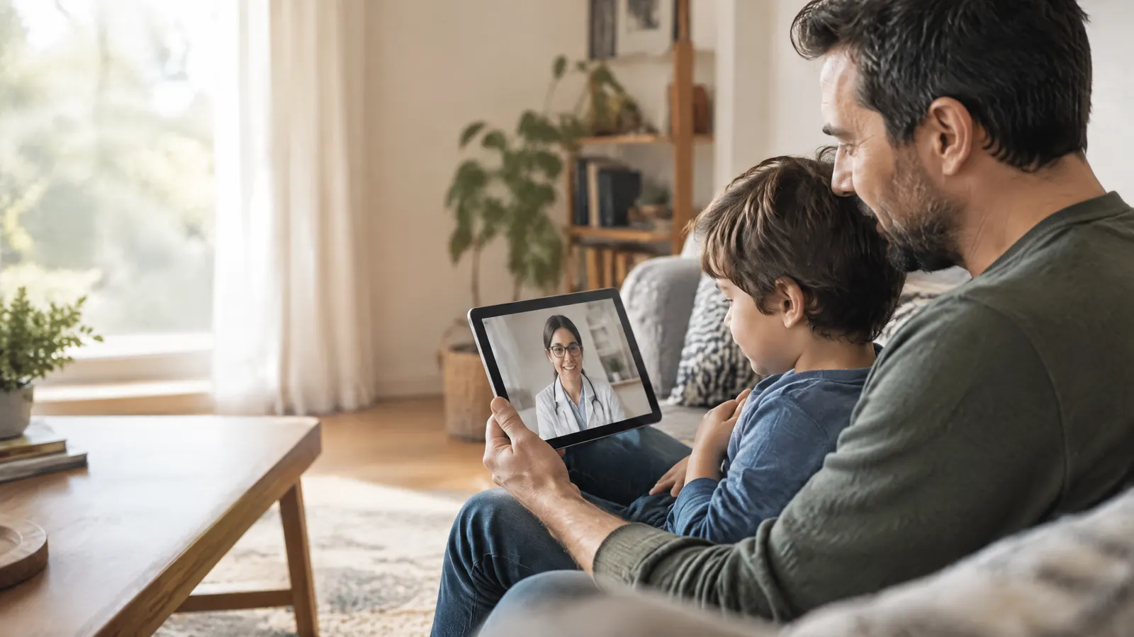 A dad at home talking with a doctor on a tablet video call while his young son sits on his lap.