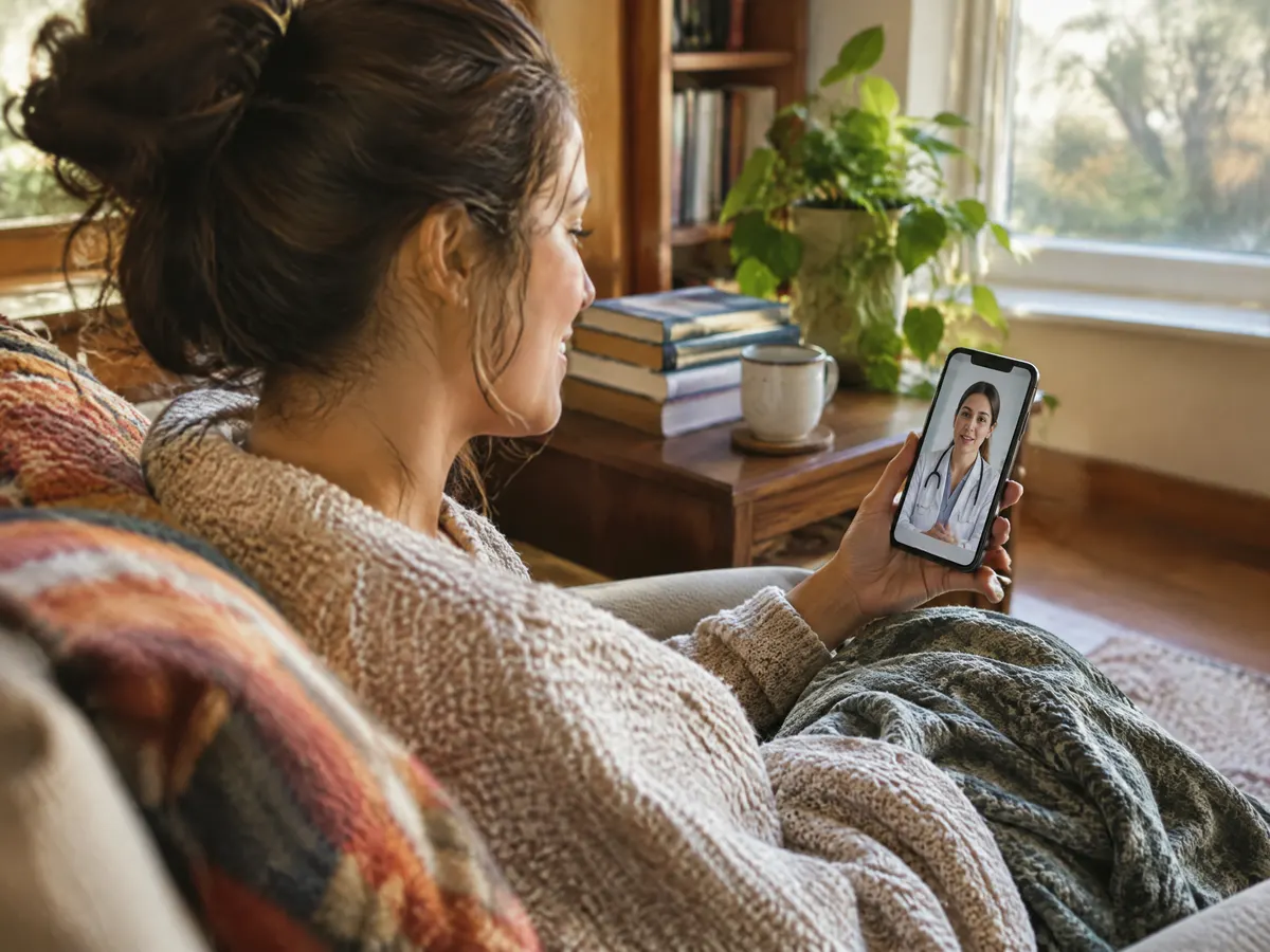 A woman checking in with a nurse practitioner on her phone from a cozy reading nook.