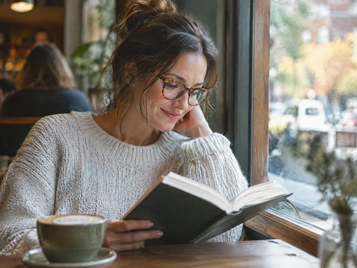 A woman in her thirties reading a book in a cafe window seat wearing new tortoiseshell glasses, content.