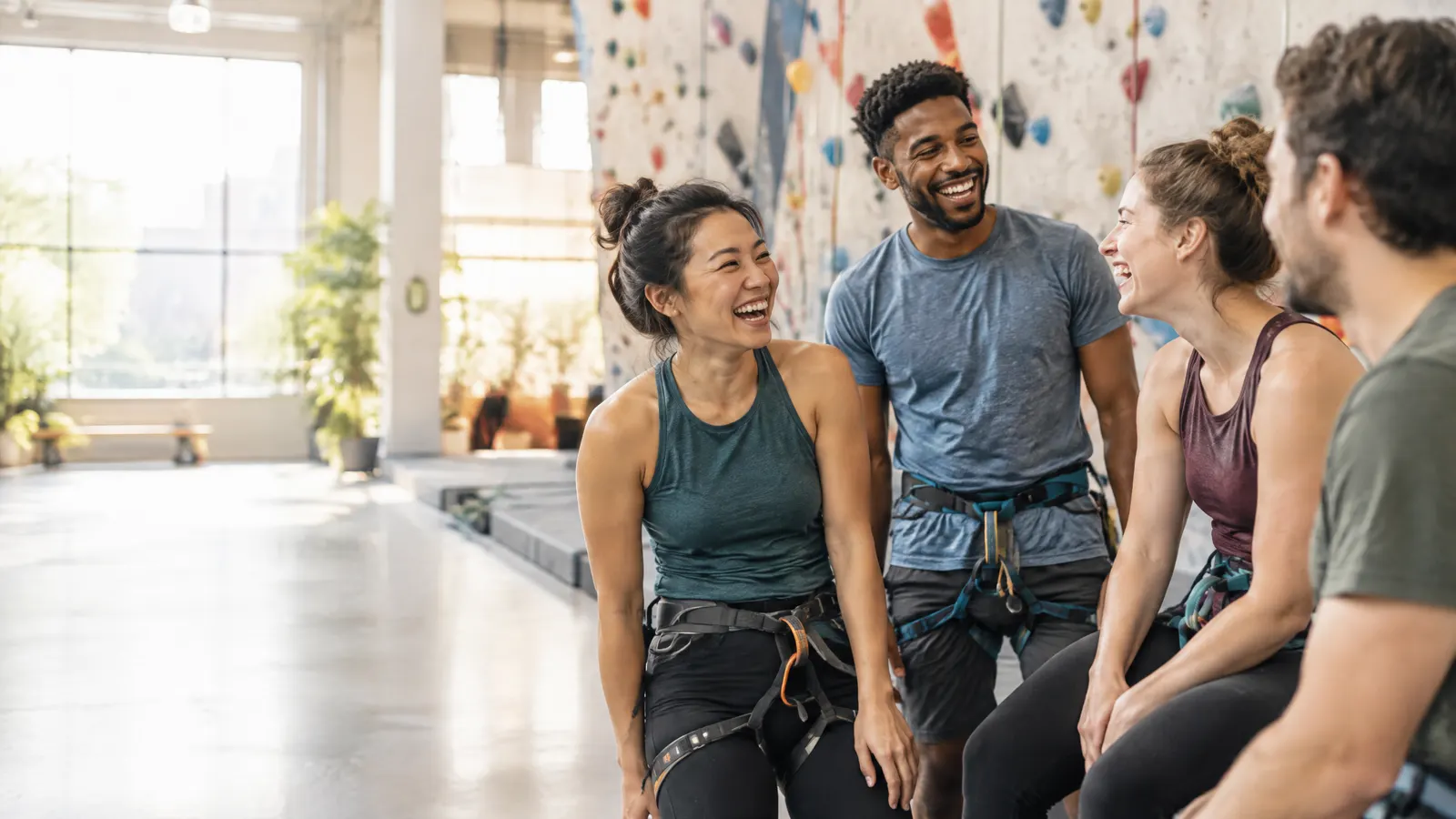 A group of coworkers laughing together at a bright indoor rock climbing gym.