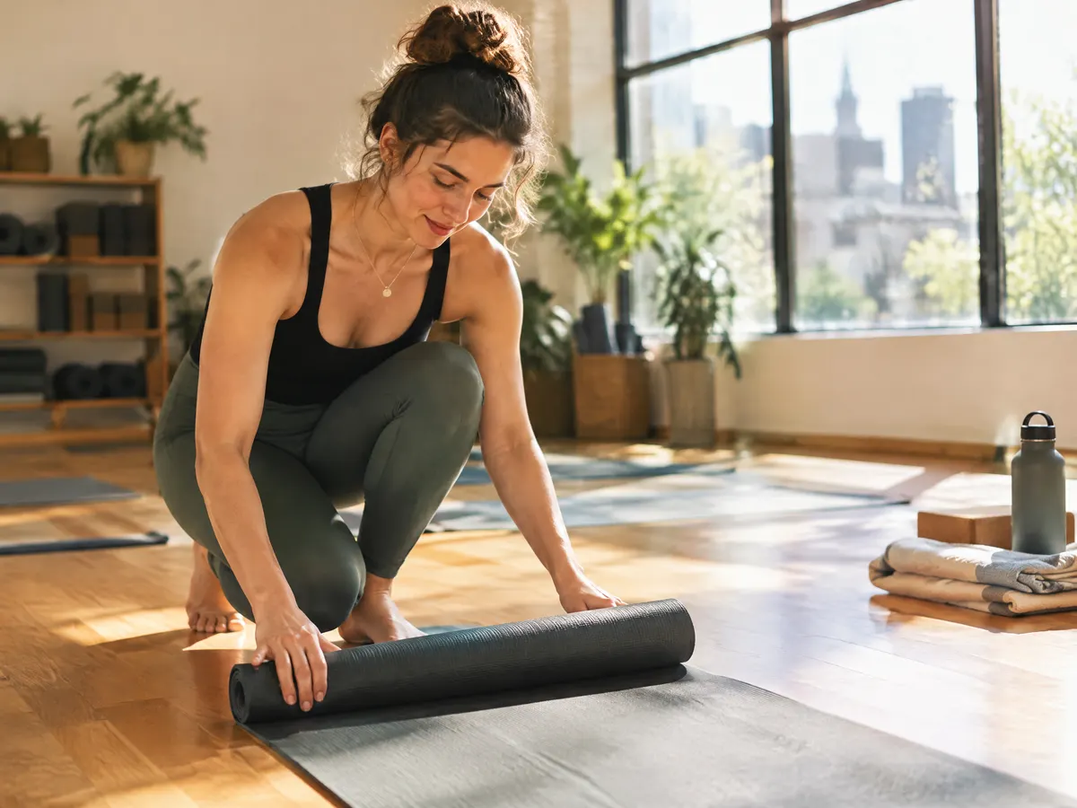A woman unrolling a yoga mat at a sunny studio before class.